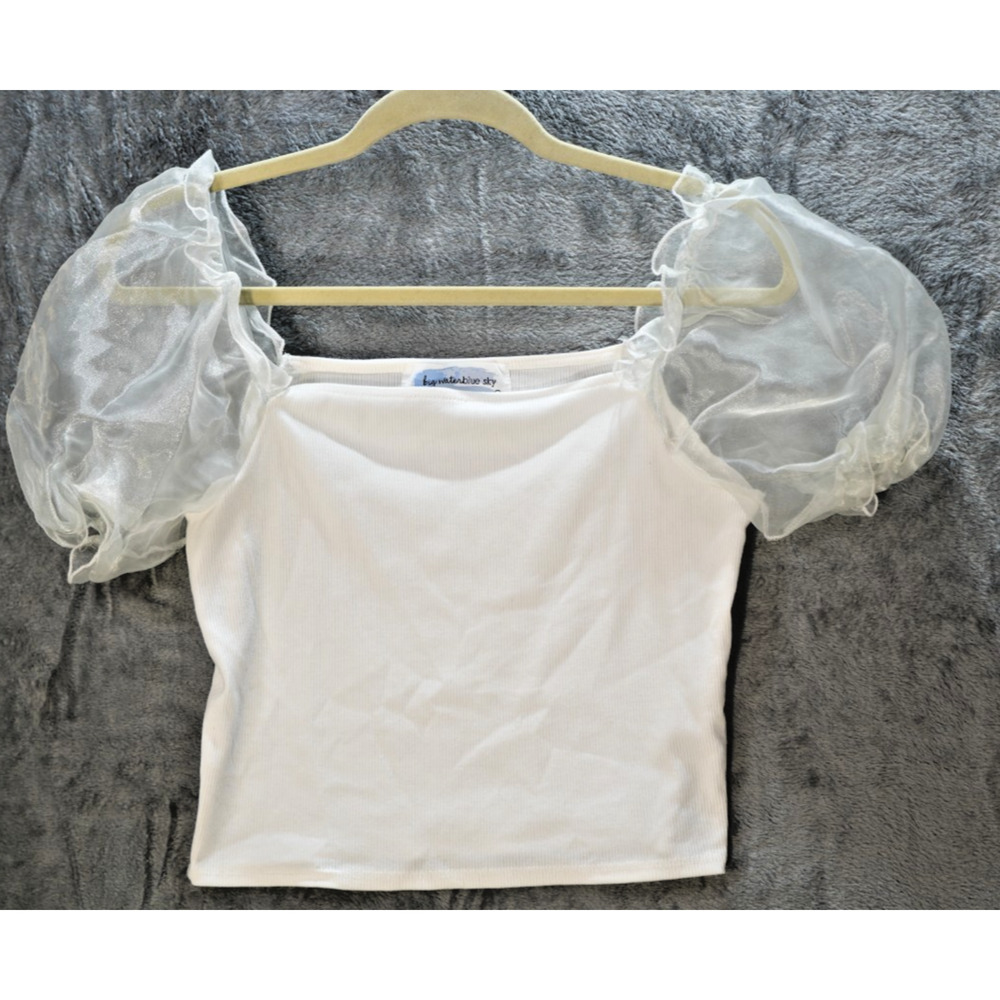 Big Water Blue Sky White Ribbed Puff Sleeve Mesh Crop Top‎ Women’s Size Large